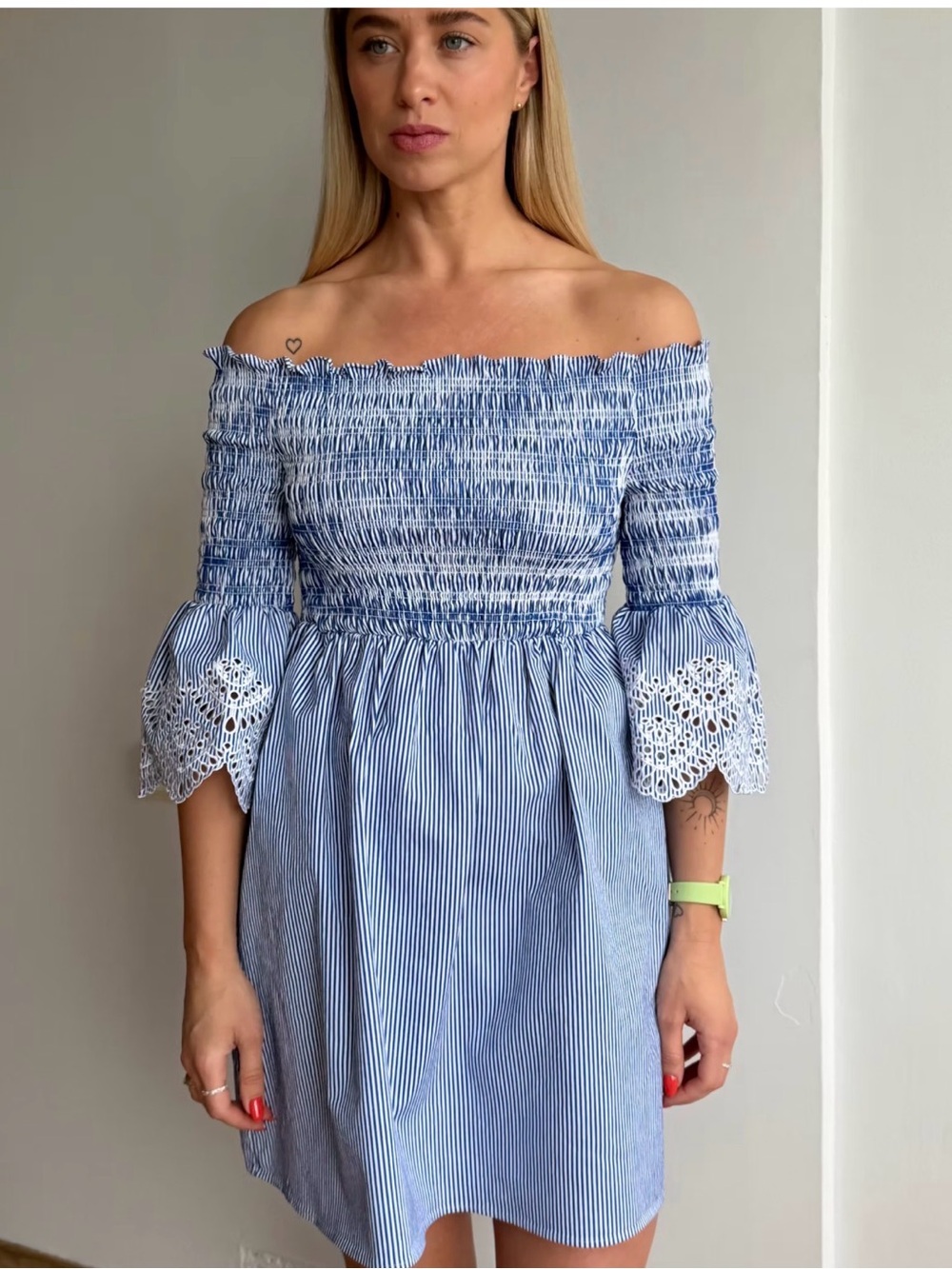 Ted Baker Blue Striped Off-Shoulder Smocked Dress with Crochet Sleeves - Picture 5 of 6